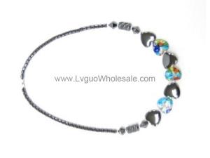 Millefiori Glass Heart and Hematite Beads Chain Choker Necklace